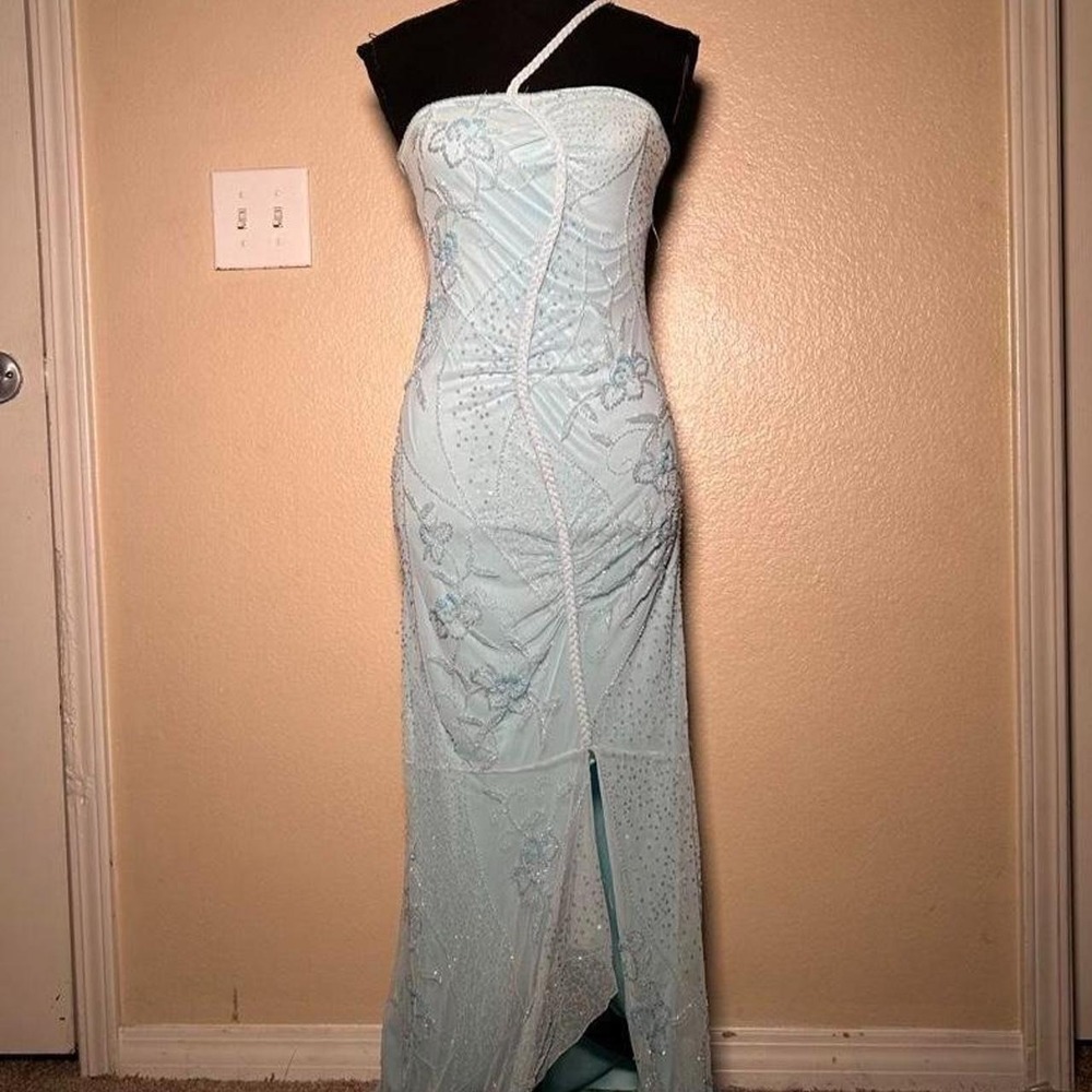 Light Blue Embroidered Beaded Sequin Maxi Dress One Shoulder Y2K Fairycore Small